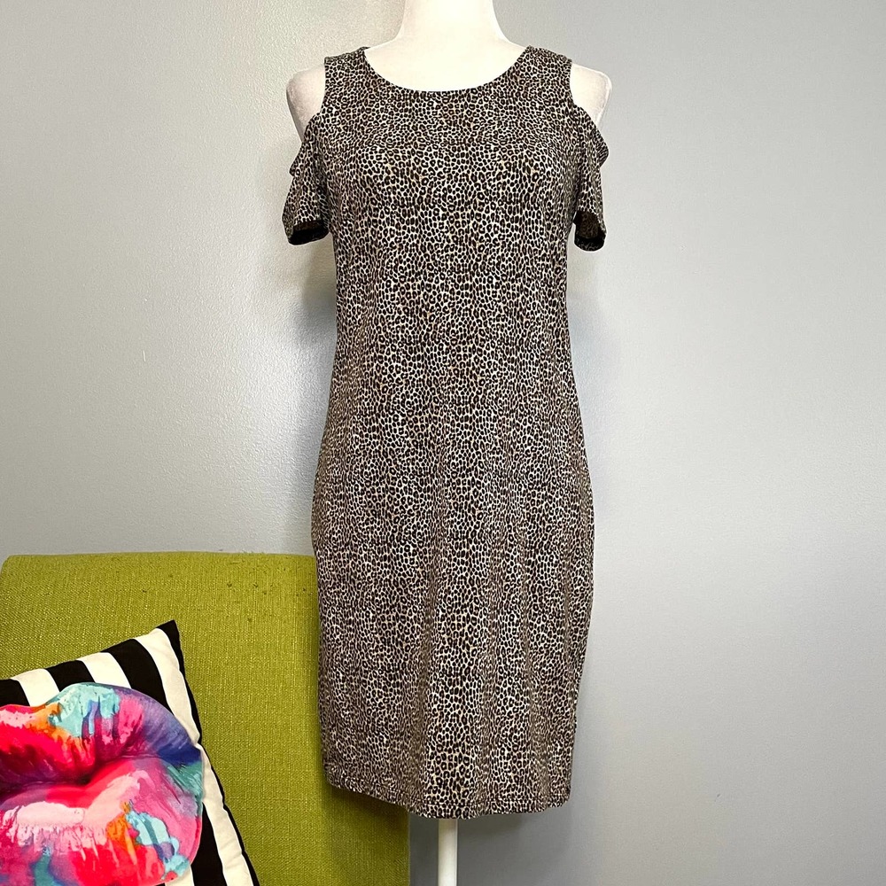 Michael Kors Leopard Animal Print Jersey Short Cold Shoulder Sleeve Dress